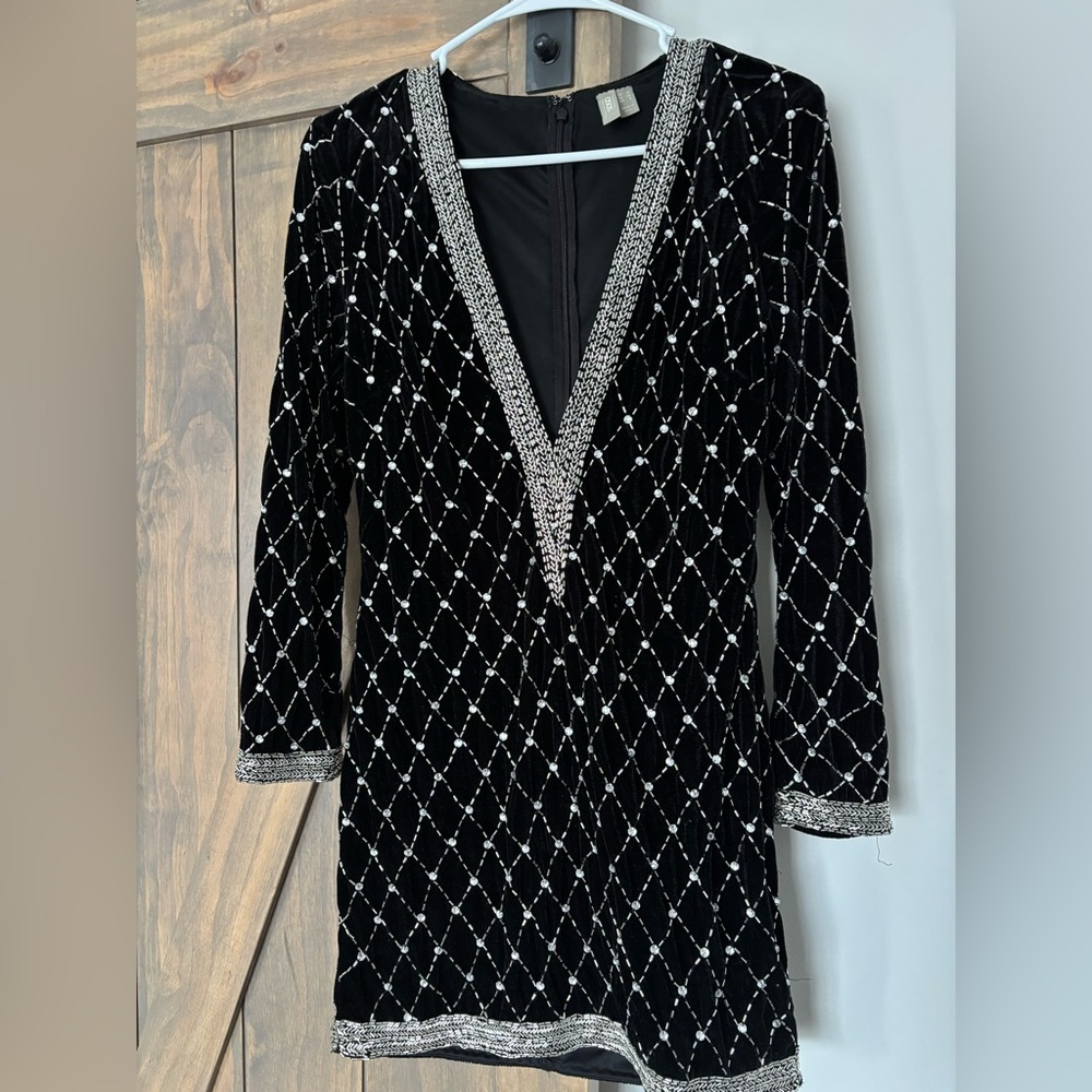 Asos long sleeve black velvet with silver beading plunge neck dress